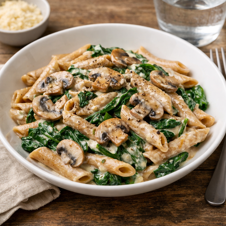 Romige pasta met spinazie, champignons en een zachte roomsaus - 470 kcal