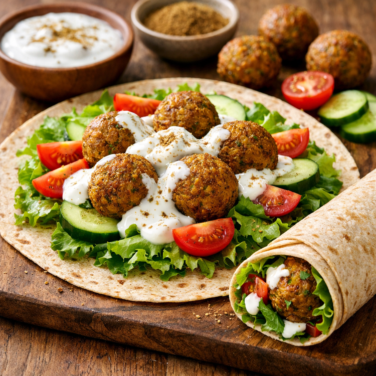 Tortilla met falafel en yoghurtsaus - 450 kcal