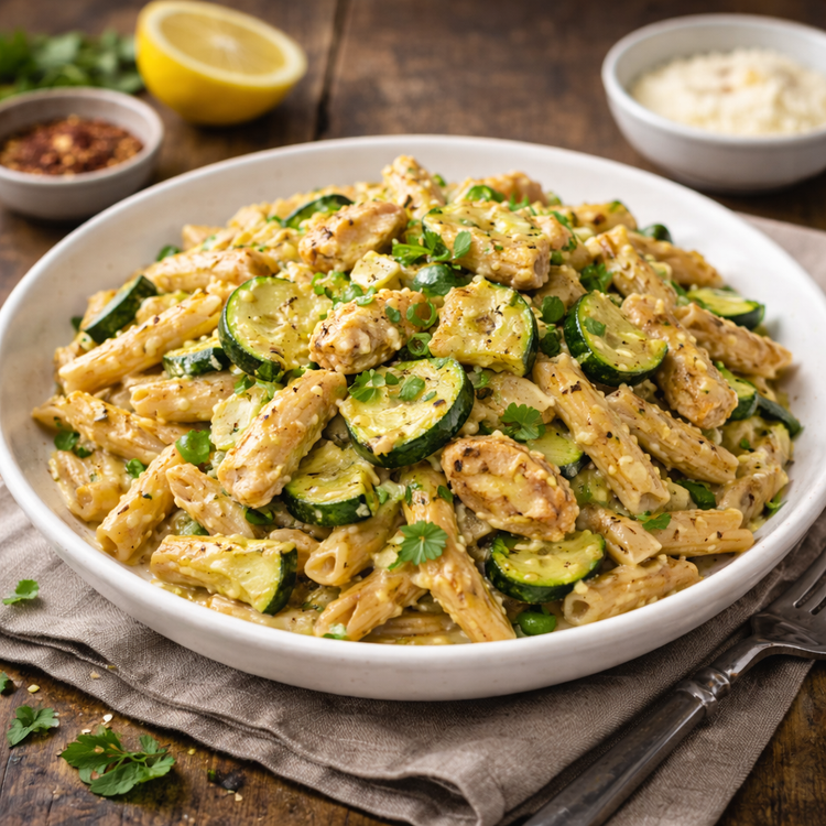 Penne met kip, courgette en citroenroom - 475 kcal